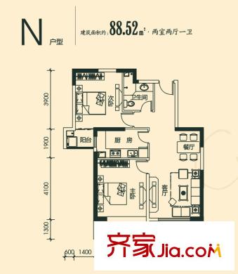 高山流水和城N戶型 2室2廳1衛(wèi)1廚