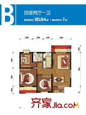 高新第五季一期1號樓標準層B戶型 4室2廳1衛(wèi)1廚