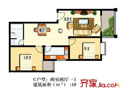 聚福園戶型圖C戶型 2室2廳1衛(wèi)1廚