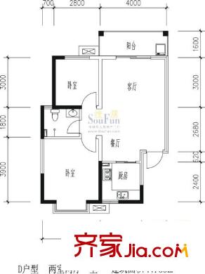 萬(wàn)華園上觀苑戶型圖D戶型 2室2廳1衛(wèi)1廚