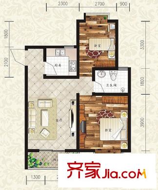 華府御城戶型圖D2戶型 2室1廳1衛(wèi)1廚