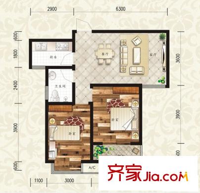 華府御城戶型圖B2戶型 2室1廳1衛(wèi)1廚