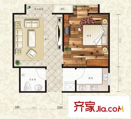 華府御城戶型圖D1戶型 1室1廳1衛(wèi)1廚