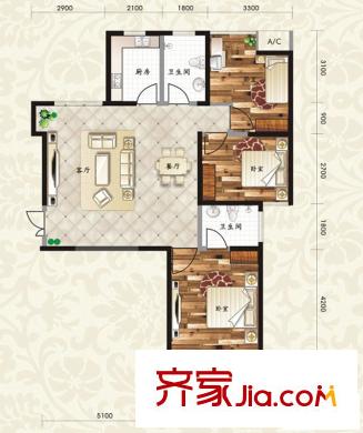 華府御城戶型圖E1戶型 3室1廳2衛(wèi)1廚