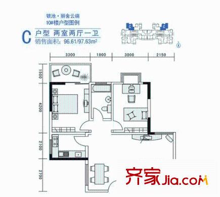 銀池麗舍云端戶型圖十號(hào)樓C戶型圖 2室2廳1衛(wèi)1廚