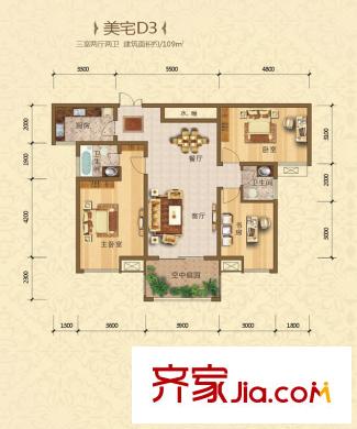 騰業(yè)南院戶型圖美宅D3戶型 3室2廳2衛(wèi)1廚