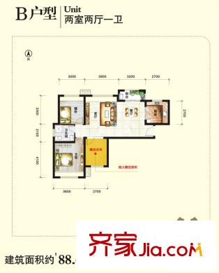蘭喬國際城戶型圖B戶型（售罄） 2室2廳1衛(wèi)1廚