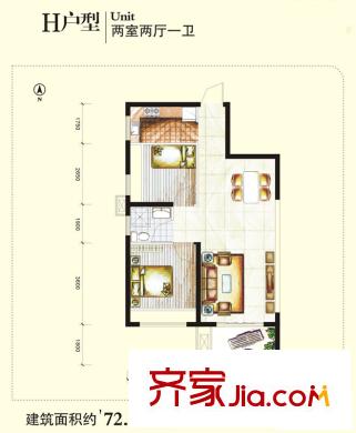蘭喬國際城戶型圖H戶型（售罄） 2室2廳1衛(wèi)1廚