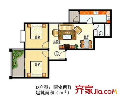 聚福園戶型圖D戶型 2室2廳1衛(wèi)1廚