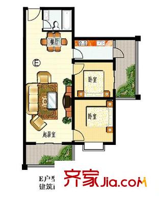聚福園戶型圖E戶型 2室2廳1衛(wèi)1廚