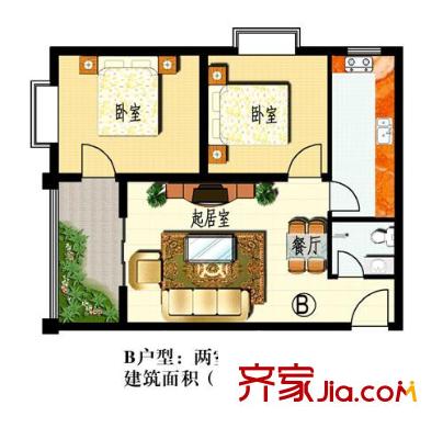 聚福園戶型圖B戶型 2室2廳1衛(wèi)1廚
