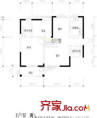 萬(wàn)華園上觀苑戶型圖E戶型 2室2廳2衛(wèi)1廚