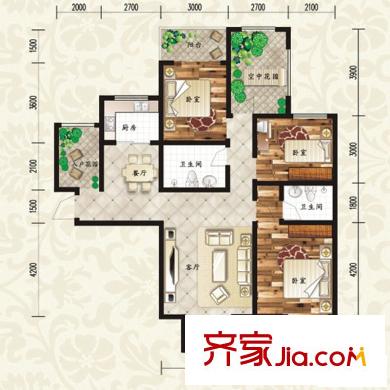 華府御城戶型圖6#/9#樓A1戶型 3室2廳2衛(wèi)1廚