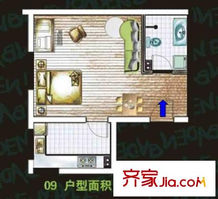 車城溫泉花園戶型圖09戶型 1室1廳1衛(wèi)1廚