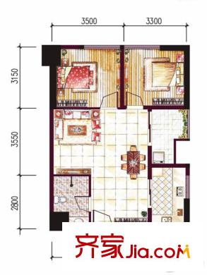 學府首座2號樓K8戶型 2室2廳1衛(wèi)1廚
