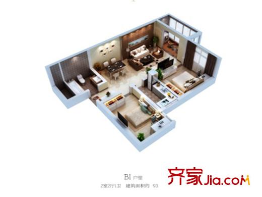 匯林?U家公館B1立體戶(hù)型圖 2室2廳1衛(wèi)1廚