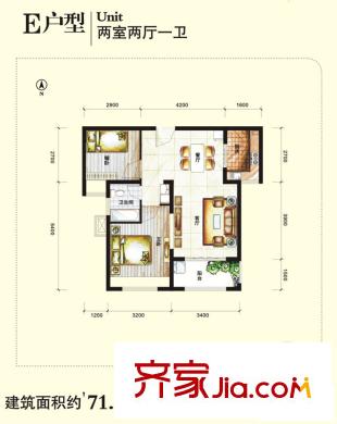 蘭喬國際城戶型圖E戶型（售罄） 2室2廳1衛(wèi)1廚