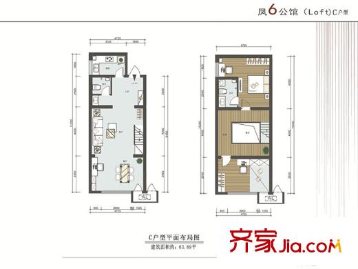 鳳六公館1號樓C戶型 1室1廳1衛(wèi)1廚