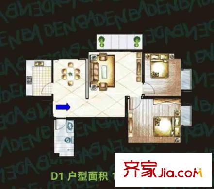 車城溫泉花園戶型圖D1戶型 2室2廳1衛(wèi)1廚