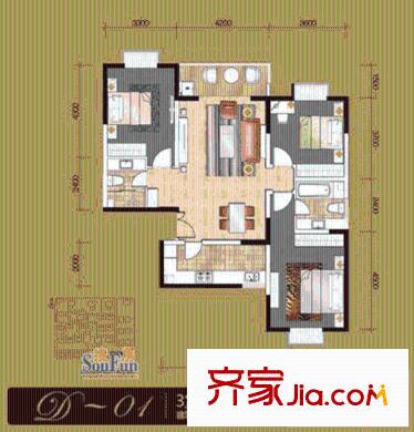 新興駿景園二期戶型圖D-01戶型 3室2廳2衛(wèi)1廚