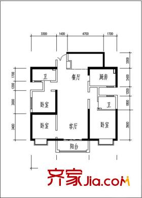 曲江觀山悅138.66平戶型圖 3室2廳2衛(wèi)1廚
