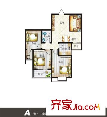 鑫泰園小區(qū) 戶型圖 3室2廳1衛(wèi) 105平方米