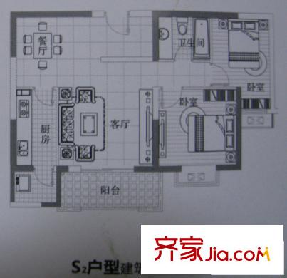 錦園君逸6、7號樓，S2戶型 2室2廳1衛(wèi)1廚