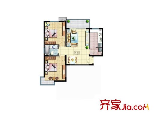 錦園君逸6、11、12、17號(hào)樓N戶(hù)型 2室2廳1衛(wèi)1廚