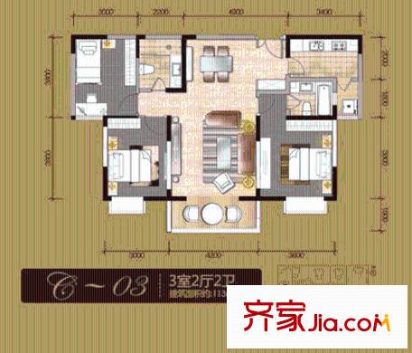 新興駿景園二期戶型圖C-03戶型 3室2廳2衛(wèi)1廚