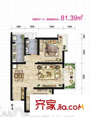 丹楓國(guó)際 戶型圖 2室2廳1衛(wèi)
