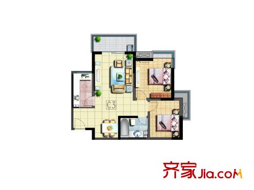 錦園君逸6、11、12、17號樓C戶型 2室2廳1衛(wèi)1廚