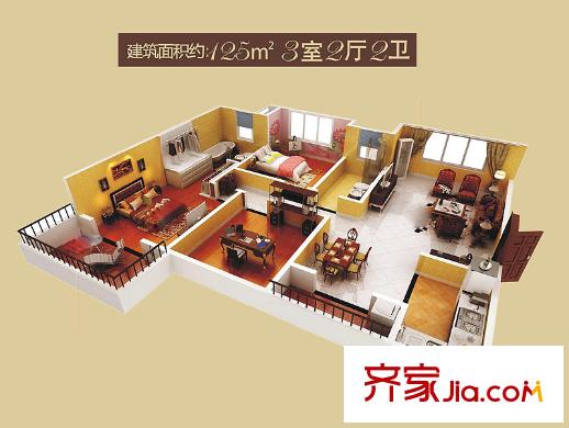 龍湖紫都城戶型圖10號樓 125平米戶型三維圖 3室2廳2衛(wèi)1廚