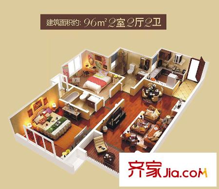 龍湖紫都城戶型圖10號樓 96平米戶型三維圖 2室2廳2衛(wèi)1廚