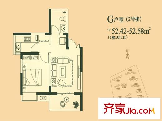 廣廈水岸東方G戶型 1室1廳1衛(wèi)1廚