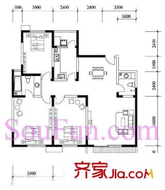 高科新花園戶型圖3-6號樓E戶型 3室2廳2衛(wèi)1廚