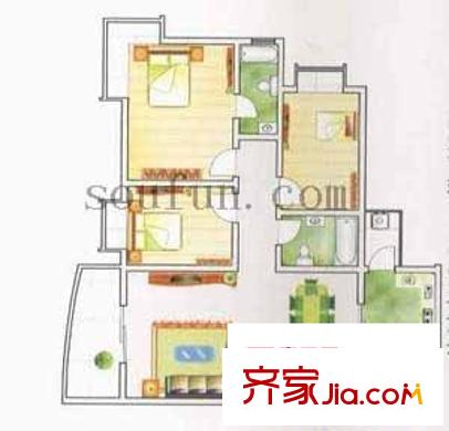 旭景碧澤園戶型圖3室2廳2衛(wèi)1廚