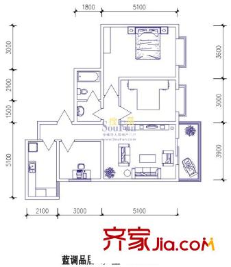華府新桃園戶型圖藍(lán)調(diào)品居C戶型 2室2廳1衛(wèi)1廚