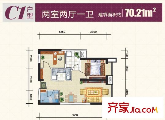 東方米蘭戶型圖8#樓C1戶型 2室2廳1衛(wèi)1廚