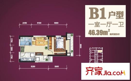 東方米蘭戶型圖8#樓B1戶型 1室1廳1衛(wèi)1廚
