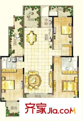 金地芙蓉世家 戶型圖  3室2廳2衛(wèi) 