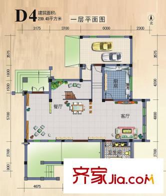 提香溪谷戶型圖D4戶型一層平面圖 1室2廳1衛(wèi)1廚