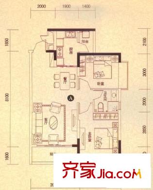 恒大城 2室 戶型圖