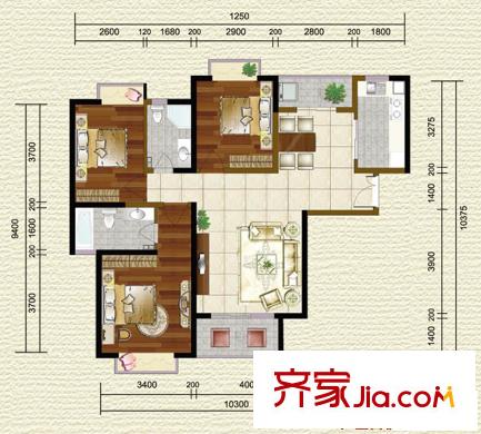 紫薇希望城戶型圖標(biāo)準(zhǔn)層戶型圖 3室2廳2衛(wèi)1廚