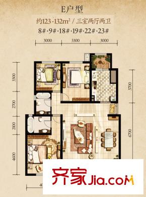 陽光城西西安小鎮(zhèn)戶型圖洋房E戶型 3室2廳2衛(wèi)1廚