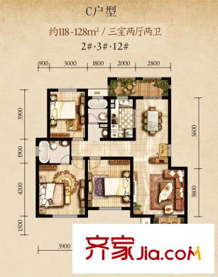 陽光城西西安小鎮(zhèn)戶型圖洋房C戶型 3室2廳2衛(wèi)1廚