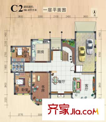 提香溪谷戶型圖C2戶型一層平面圖 3室2廳1衛(wèi)1廚