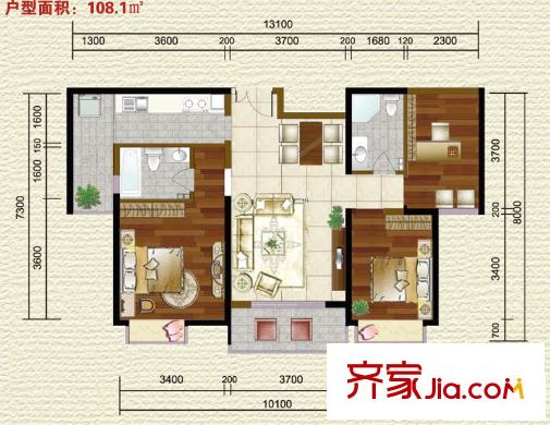 紫薇希望城戶型圖標(biāo)準(zhǔn)層戶型圖 3室2廳2衛(wèi)1廚