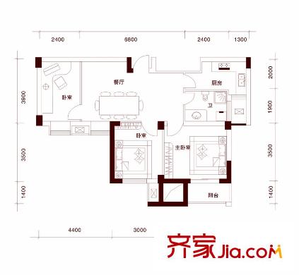 錦繡時代戶型圖一期公寓2號樓標準層3層E戶型 2室2廳1衛(wèi)1廚