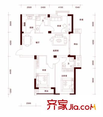 錦繡時代戶型圖一期公寓1號樓標(biāo)準(zhǔn)層3層A戶型 3室2廳2衛(wèi)1廚