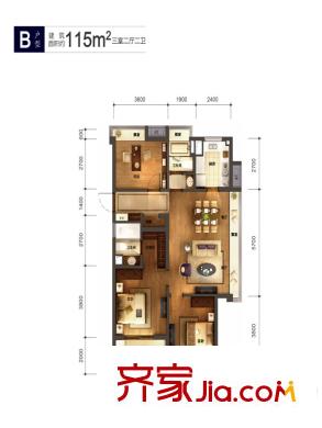 萬科北宸之光B戶型 3室2廳2衛(wèi)1廚